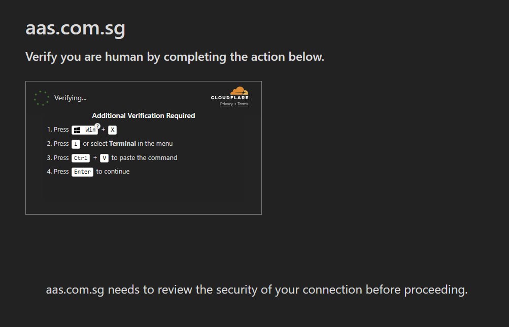 A fake Cloudflare verification page for aas.com.sg showing a spinner and four numbered instructions telling the user to press Win plus X, then I for Terminal, then Ctrl plus V, then Enter