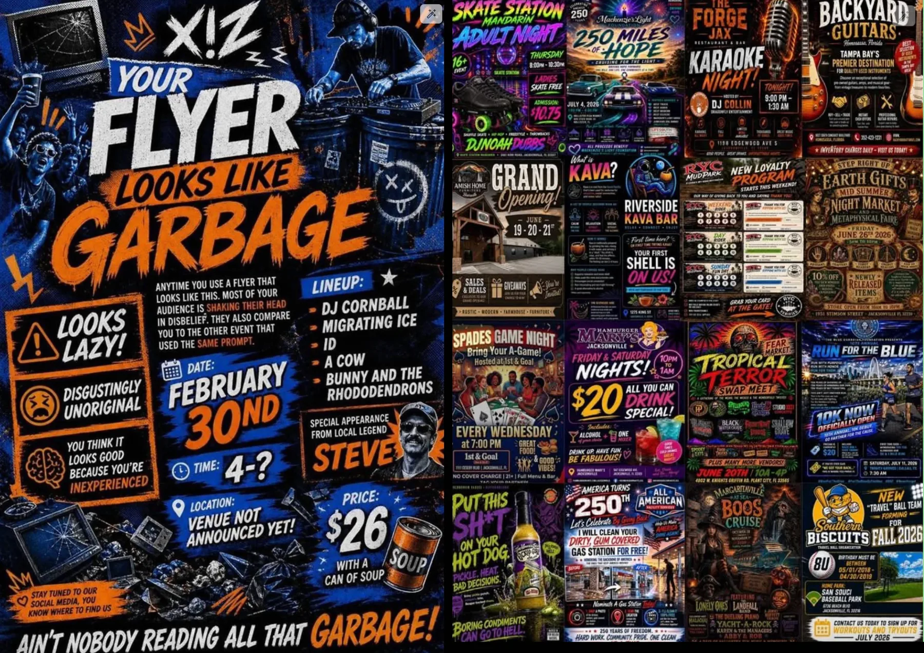 Left: a designer's parody poster reading YOUR FLYER LOOKS LIKE GARBAGE with mock event details. Right: a grid of sixteen brightly coloured AI-generated business flyers for karaoke nights, grand openings, game nights and swap meets
