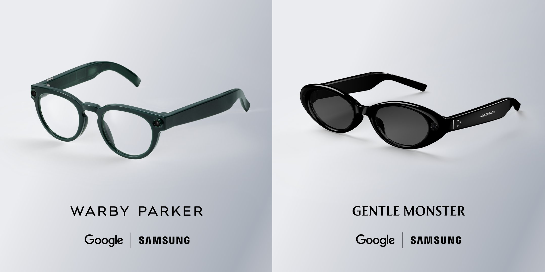 Side-by-side product shot of the Gentle Monster Android XR frames and the Warby Parker Android XR frames