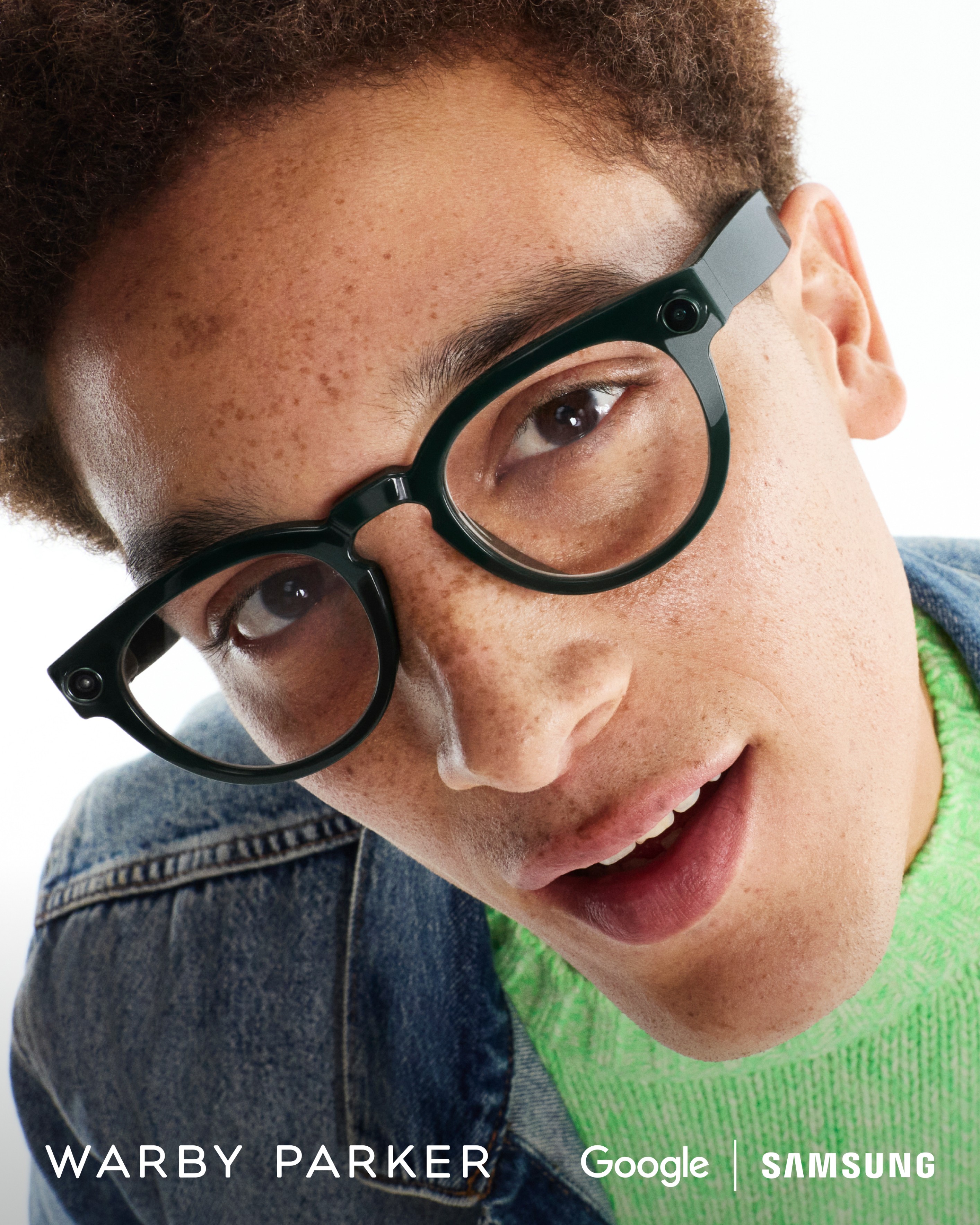 Close-up of a person wearing the Warby Parker Android XR frames