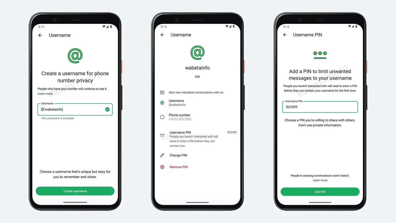 Three WhatsApp screens showing the username creation flow, the username settings page, and the Username PIN setup screen